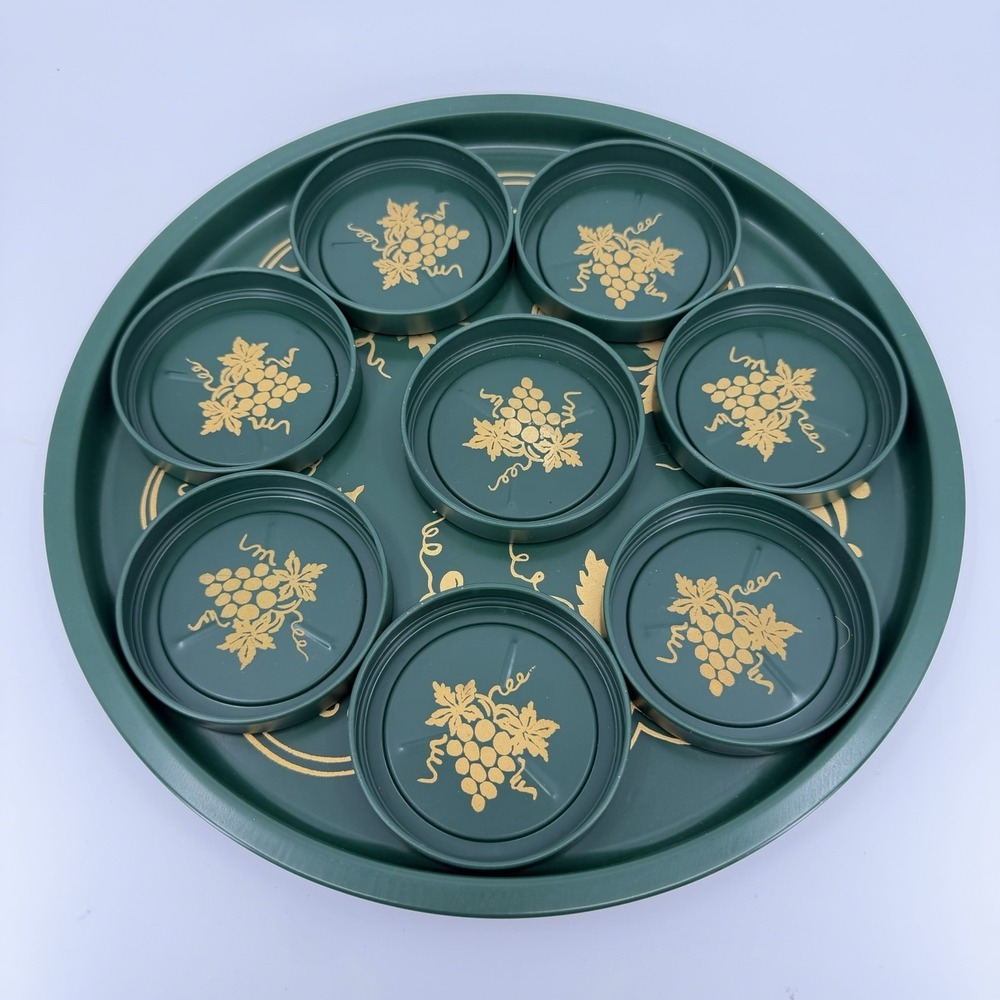 Vintage Green and Gold Metal Grape Leaf Serving Tray‎ Holds 8 Drinks 11"